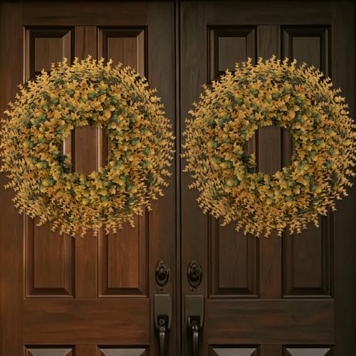 26" artificial fall boxwood wreath for front door, front angle view