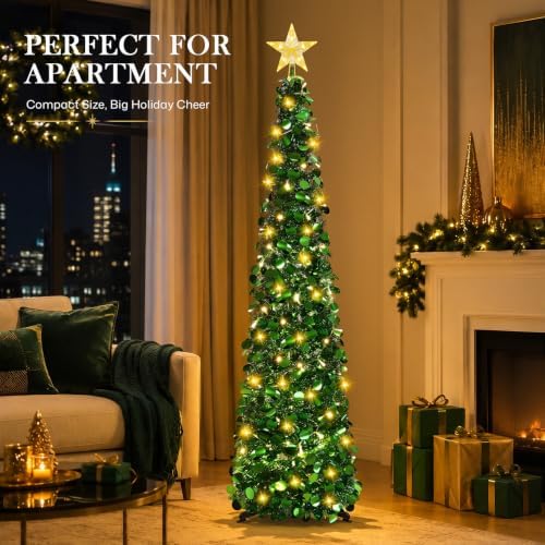 5ft pop up christmas tree with lighted top, close-up detail