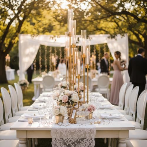 2PCS Gold Floor Candelabra,5 Arm Candle Holder Tall Floor Candle Holder with Acrylic Lampshade for Wedding Table Birthday Party Home Decoration Fit LED Taper Candles