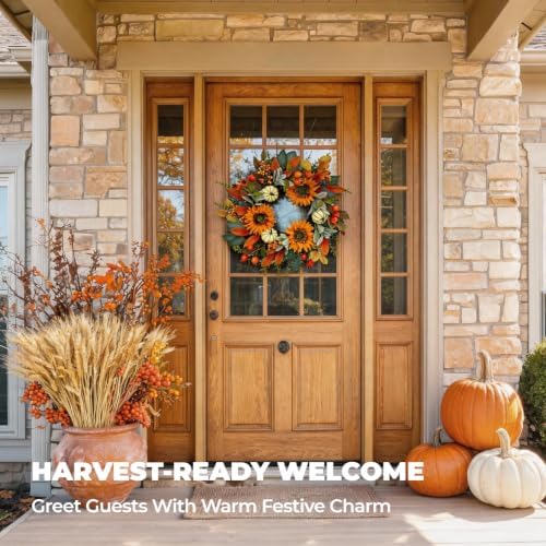 24" fall sunflower wreath for front door showing dimensions