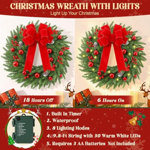 24'' christmas wreath with lights, christmas norfolk wreaths on a desk or shelf