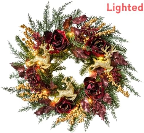 svndlyn 22 inch lighted burgundy christmas wreath with shown in use