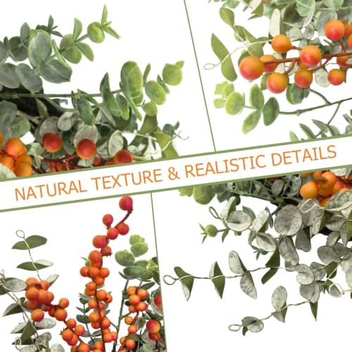 24" fall eucalyptus boxwood wreath, orange berries front shown in use