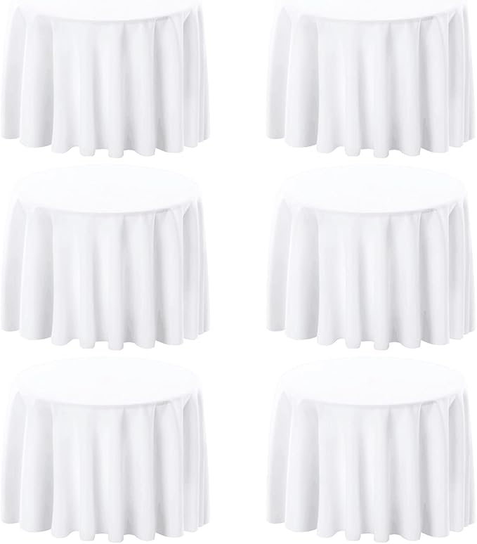 6 Pack White 60 Inch Round Tablecloths. Stain and Winkle Resistant Polyester Washable White Table Cloths for Parties Wedding Dining
