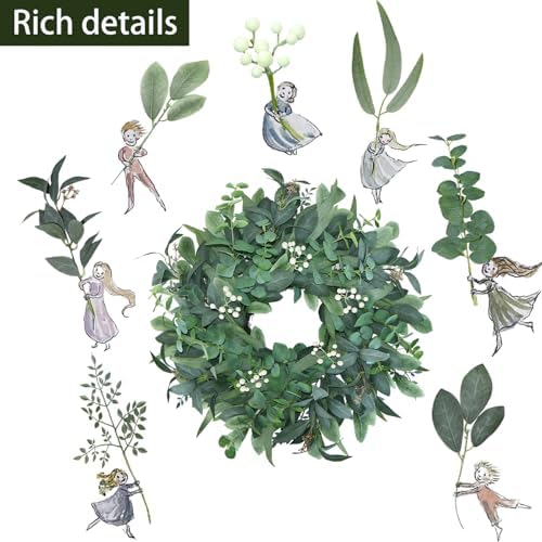 24"-26“ green eucalyptus wreaths for front door with, close-up detail