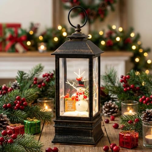 christmas snow globe lantern, snowman & red cardinal, view 9