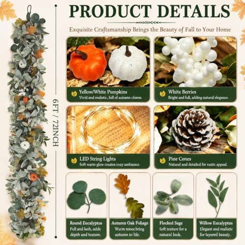 6ft fall garland with lights for autumn mantel shown in use