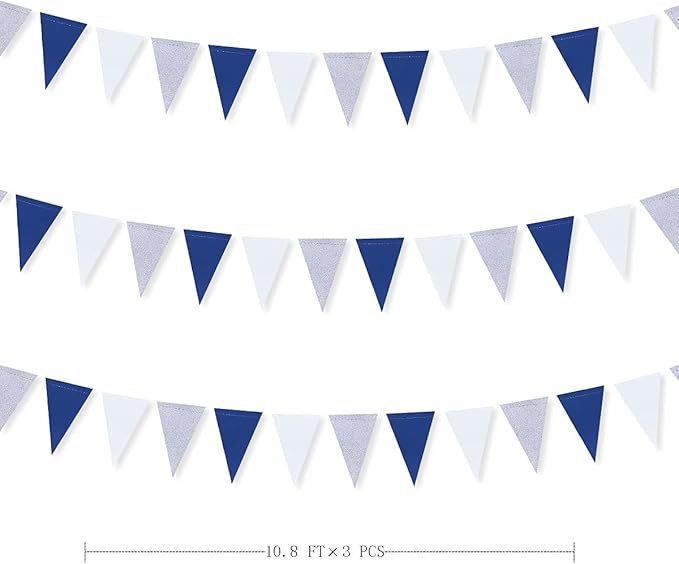 30 Ft Navy Blue White and Silver Party Decorations Royal Blue Triangle Flag Pennant Banner Bunting for Graduation Birthday Wedding Bridal Shower Nautical Ahoy Achor Theme Party Decorations Supplies