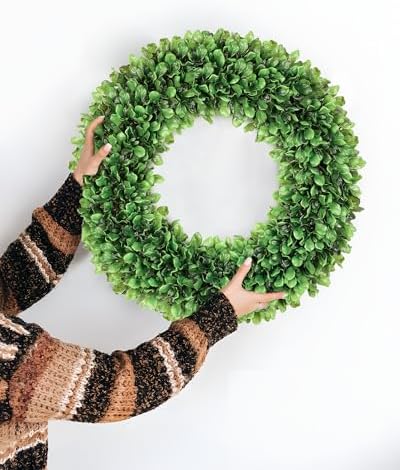 20 inch artificial boxwood wreath for front door, front angle view