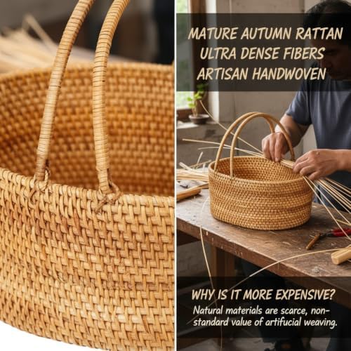 rattan picnic basket with handle, 12.6x9x5 in handwoven, side view