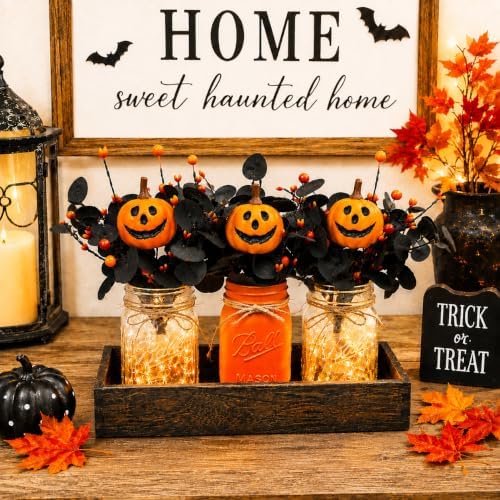 Lighted Halloween Table Centerpiece, Pumpkin Mason Jar Decorations for Home