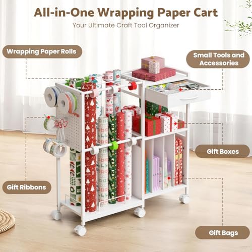 wrapping paper storage cart, rolling gift wrap station shown in use