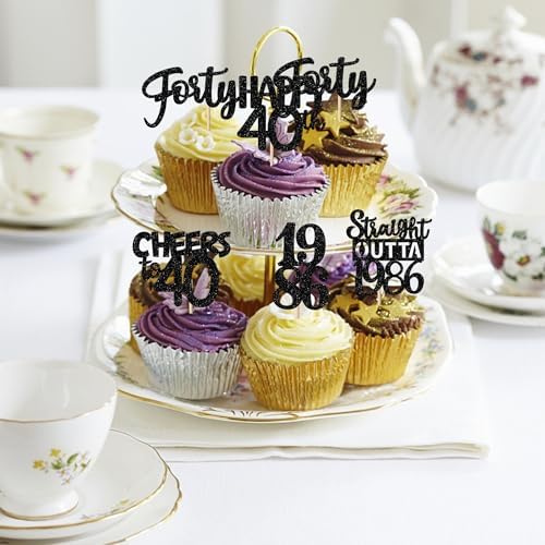 30PCS Black 40th Birthday Cupcake Toppers Glitter Forty Happy 40th Straight Outta 1986 Cupcake Picks for Cheers to 40 Years 40th Birthday Wedding Anniversary Party Decorations Supplies