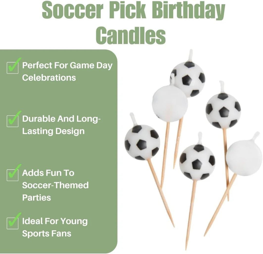 Soccer-Themed Birthday Candles (Pack Of 6) - Black & White Wax Candles On Wooden Picks - Ideal For Sports Fans Celebrations