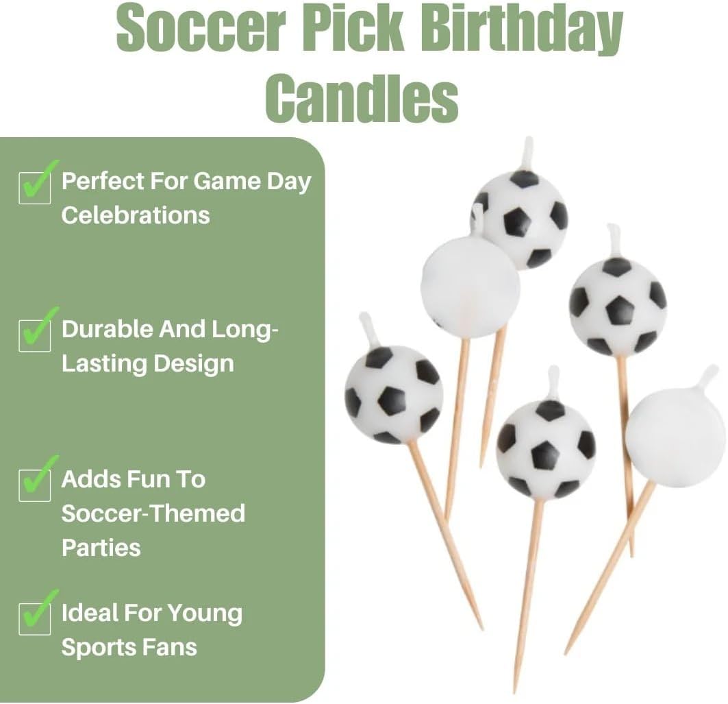 Soccer-Themed Birthday Candles (Pack Of 6) - Black & White Wax Candles On Wooden Picks - Ideal For Sports Fans Celebrations