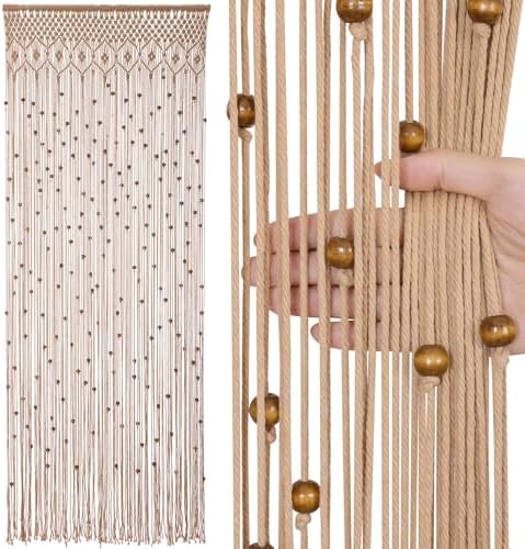 bechaeo boho handmade macrame beaded curtain, brown 1, front angle view