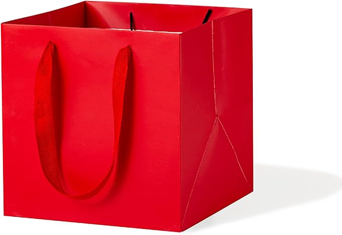 Red Paper Gift Bag Small Square Bottom Paper Bags With Handles (Red, 6 x 6 x 6 in, 10 Pcs)