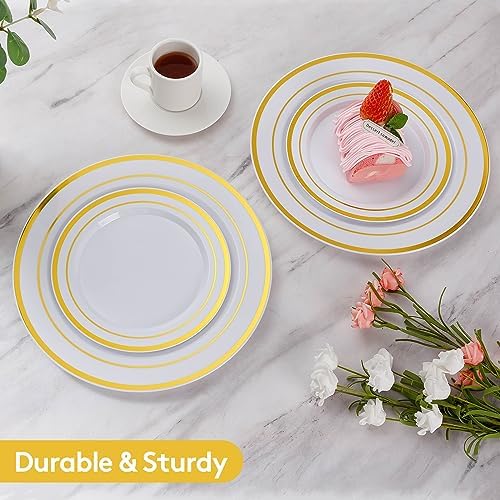 goodluck 200pcs gold plastic plates, heavy duty disposable shown in use