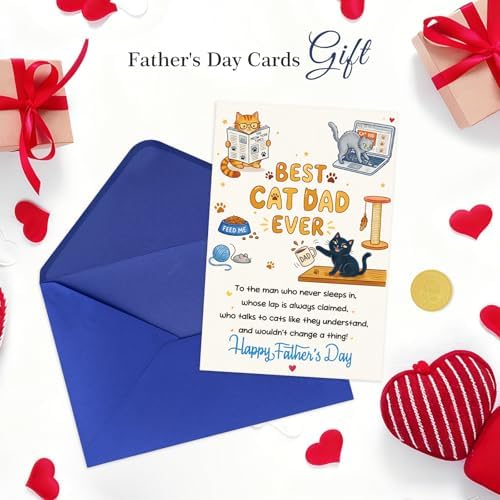 FaCraft Funny Fathers Day Card from Cat - 8x5.5 Best Cat Dad Ever Humorous Happy Fathers Day Card for Husband, Grandpa - Unique Pet Parent Gift Set with Envelope, Seal from Daughter Son