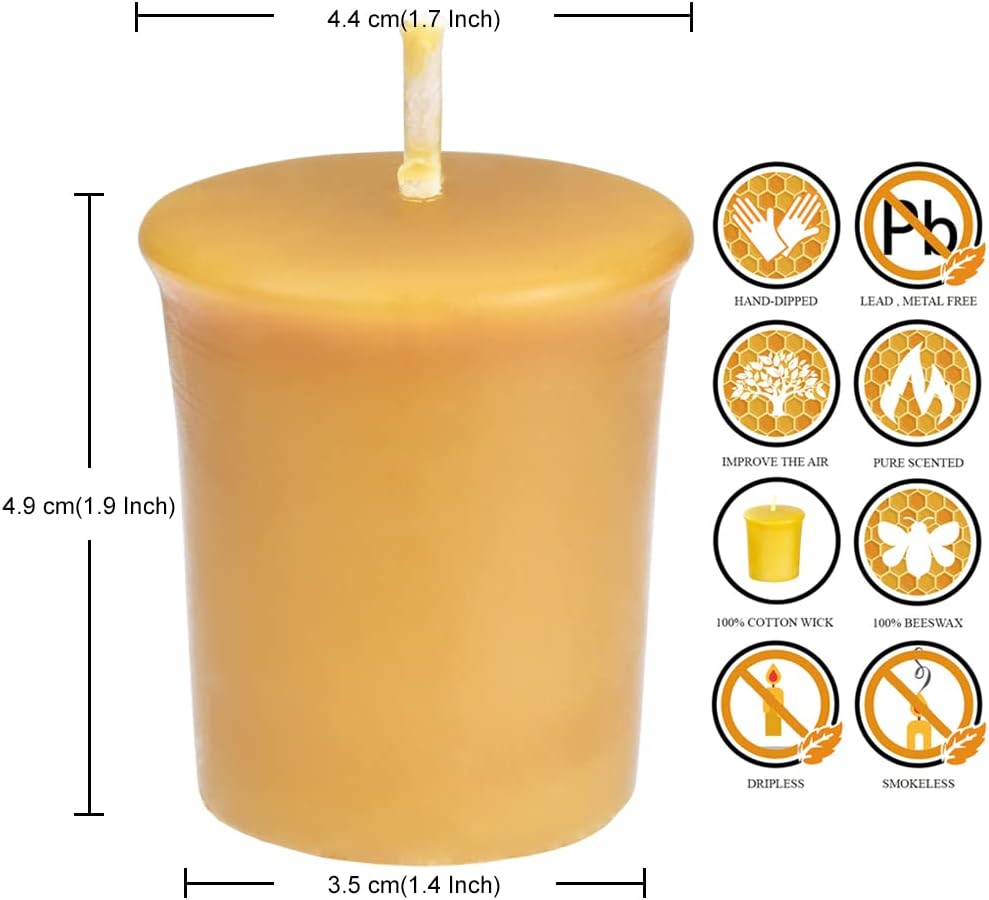 Pure Beeswax Votive Candles-6 Pack Natural Votives Set for Home Room Decor Party Wedding Spa Gift,12 Hours Burn