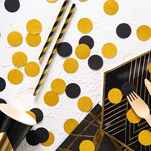 MOWO Gold Glitter and Black Confetti Circle Table Decoration, 1.2", 200pc | birthday graduation wedding retirement baby shower new year valentines day party decoration