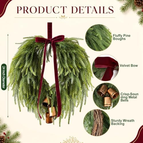 24” christmas wreaths for front door, norfolk pine shown in use