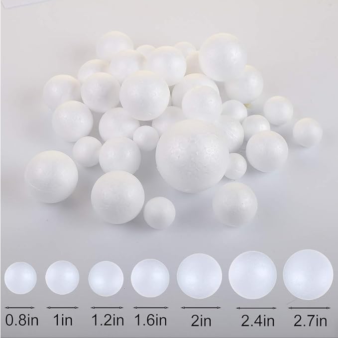 121 PCS 7 Sizes White Foam Balls Polystyrene Craft Balls for Art and Craft, Household, School Projects and Christmas Easter Painting Activity .8’’, 1’’, 1.2’’, 1.6’’, 2’’ Inches