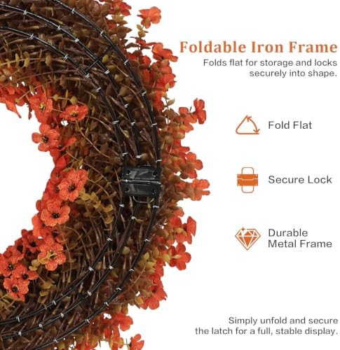 24" orange fall wreath for front door, artificial, close-up detail