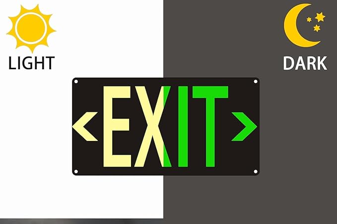 2Pack Photoluminescent Exit Sign Black, 14.25"x 7.5" Glow In The Dark Exit Signs Aluminum with 4pcs Removable Directional Arrows and Strong Adhesive Backing