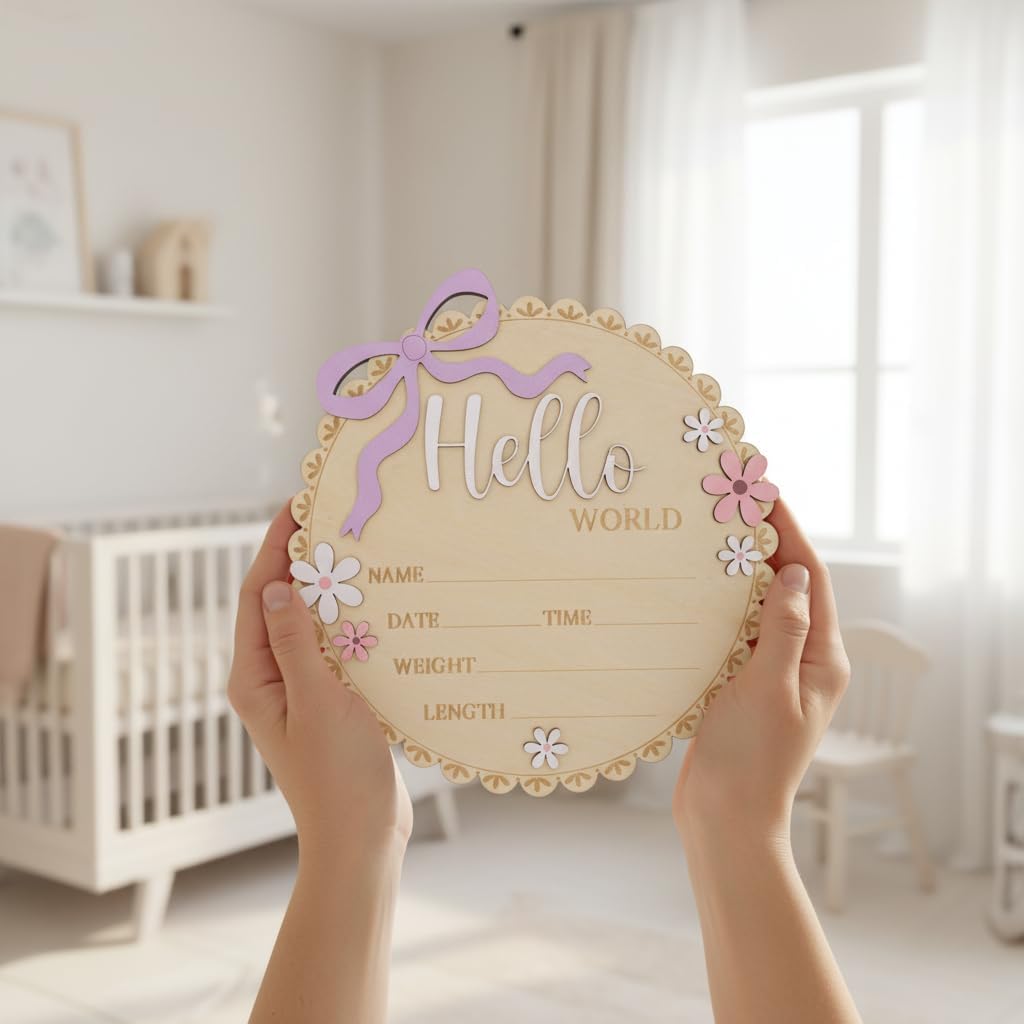 Hello World Wooden Baby Birth Announcement Sign, Pink Floral Newborn Name Date Time Weight Length Board, Baby Girl Nursery Decor Photo Prop Keepsake (Light purple ribbon)