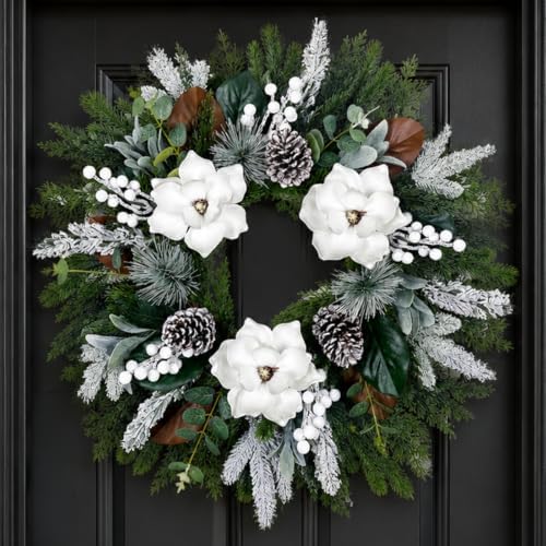 28inch winter wreath for front door, frosted magnolia on a desk or shelf