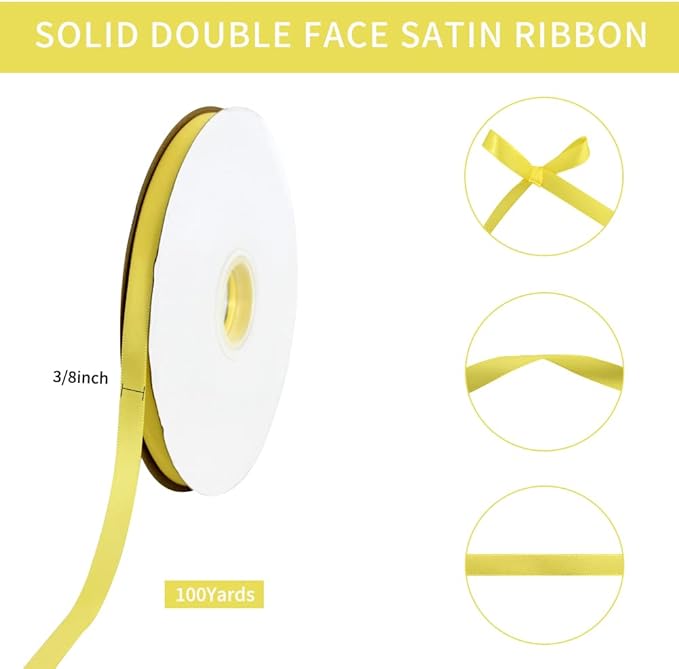 TONIFUL 3/8 Inch x 100yds Lemon Light Yellow Satin Ribbon Thin Solid Fabric Ribbons Roll for Gift Wrapping Invitation Floral Hair Balloons Craft Sewing Party Wedding Decoration Valentine's Day Bouquet