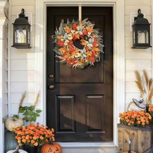 realistic fall wreath with lights/timer 24 inch fall showing dimensions