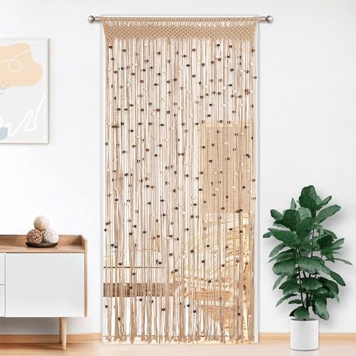 bechaeo boho macrame bead curtain for door window shown in use