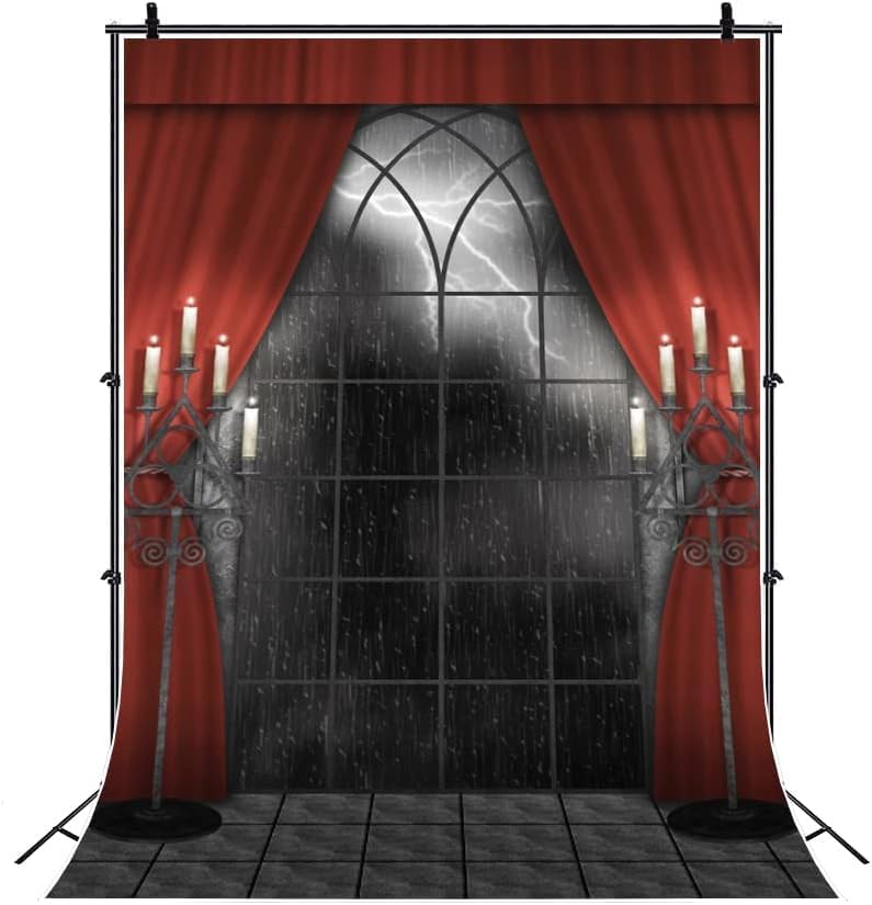 Renaiss 8x12ft Vintage Gothic Window Backdrop Red Curtain Candlestick Black F...