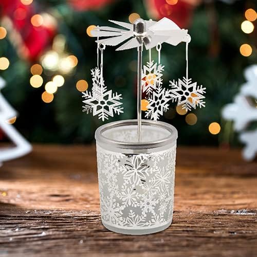 Tealight Candle Holder Carousel – Glass Wind Light with Snowflake Motif, Height 5.9 Inches, TEALIGHT Included – Perfect for Christmas, Winter, and Holiday Home Décor