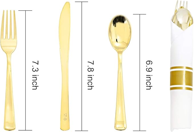 Supernal 60 Pack Pre Rolled Napkins with Gold Plastic Silverware, Premium Disposable Gold Wrapped Cutlery Set Includes: 60 Forks 60 Knives 60 Spoons 60 Napkin for Party