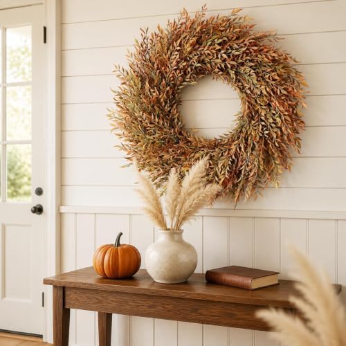 26" artificial fall nandina wreath for front door, side view