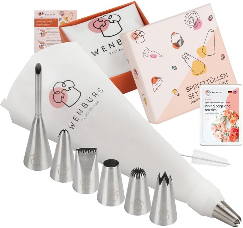 Wenburg Versatile & Easy-to-Clean Large Icing Piping Bags and Tips Set - Reusable 7 Large Icing Tip for Cake Decorating - Cotton Icing Bag - Coupler I Professional Cupcake Kit, Premium Baking Supplies