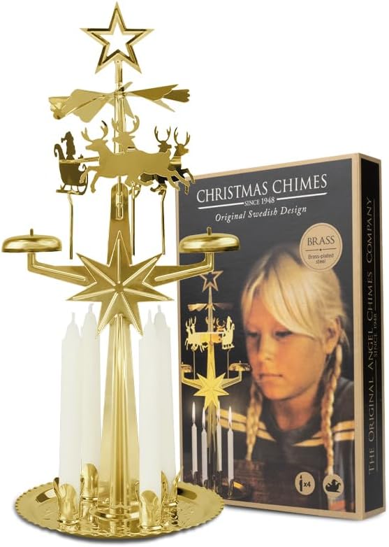 Original Swedish Christmas Chimes, Santa, Carousel and 4 Candles – Scandinavian Spinning Festive Chimes for Christmas, Best Memorial Gift Since 1948, Home Decorations - Brass