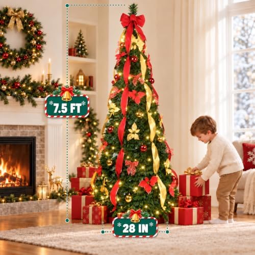 7.5ft prelit pop up christmas tree decoration, collapsible shown in use