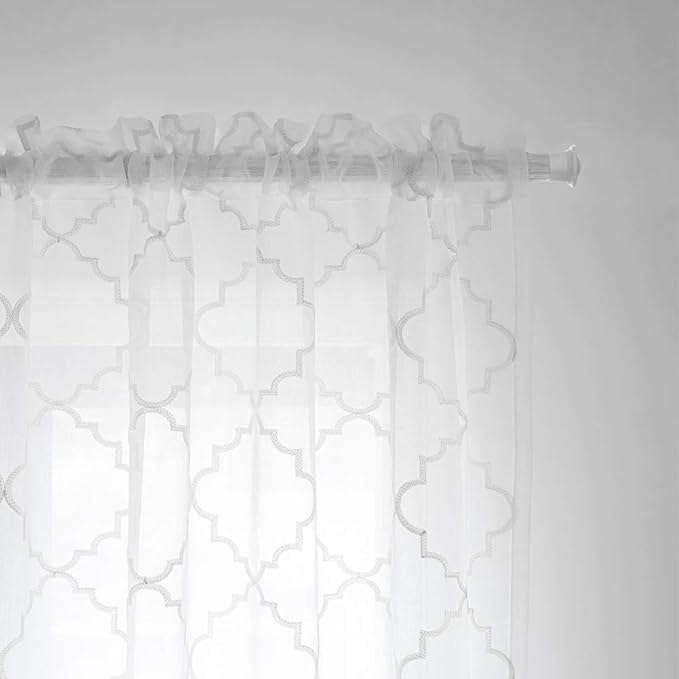 Embroidered Moroccan Tile Lattice Design Sheer Curtains White 45 Inch Length, Rod Pocket Voile Drapes for Living room, Bedroom, Window Treatments Semi Curtain Panels for Yard, Set of 2, 52"x 45".
