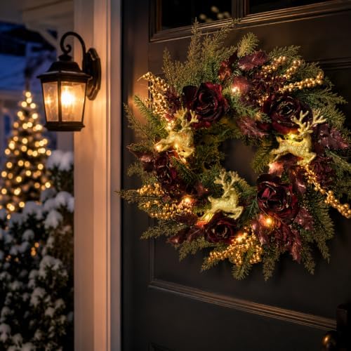 svndlyn 22 inch lighted burgundy christmas wreath with, front angle view