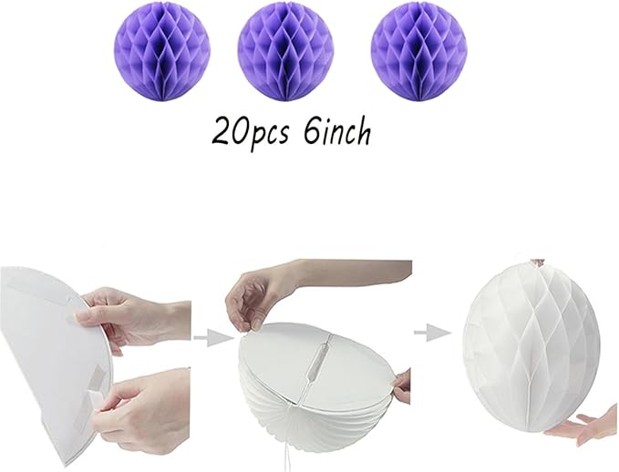 20pcs Honeycomb Flower Balls - Party Decor, Tissue Paper Pom Poms (6inch, Purple)
