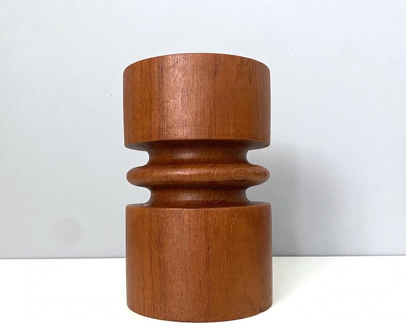 Mid-Century Modern Wooden Vase, Minimalist Sculptural Flower Holder, Natural Brown Wood Decorative Vase for Living Room Tabletop Bedroom Office, Handcrafted Round Vase
