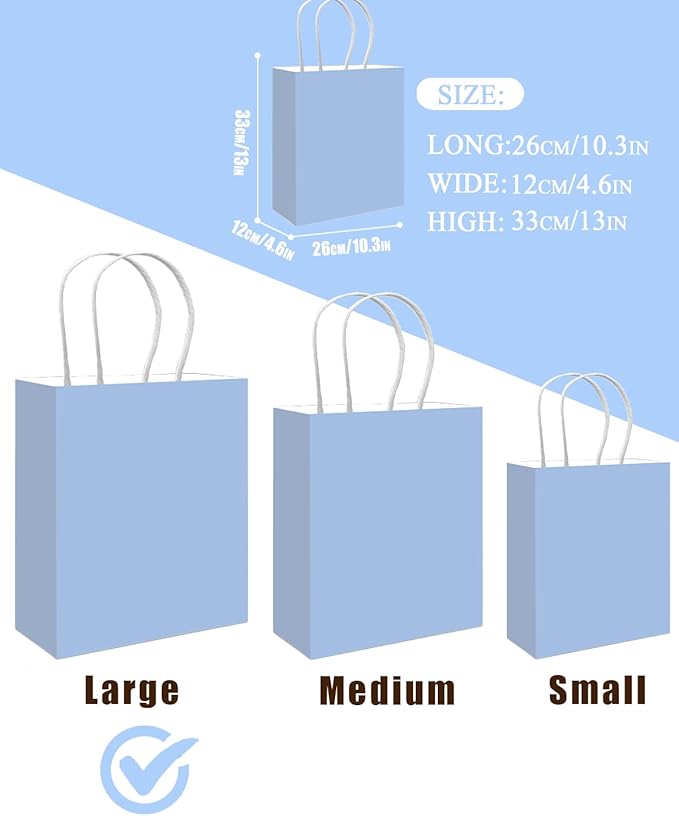 qiqee 50-Packs Light Blue Paper Gift Bags with Handles Bulk 13"x10.3"x4.6" Large Size Party Favor Bags Multiple Uses