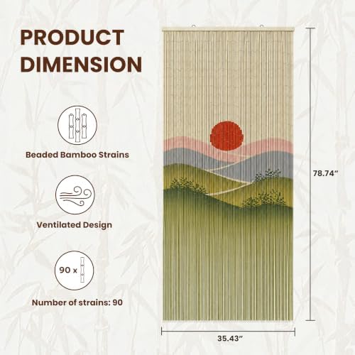 sunset field beaded bamboo curtain for doorway 35.4", close-up detail