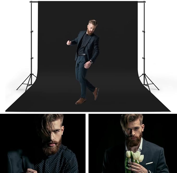 10X20ft Black Photo Backdrops for Photography, LCUIRC Two Rod Pocket Backdrops Curtain for Parties, Polyester Fabric Background with 4 Clamps for Product Protrait Photoshoot or Parties Decoration