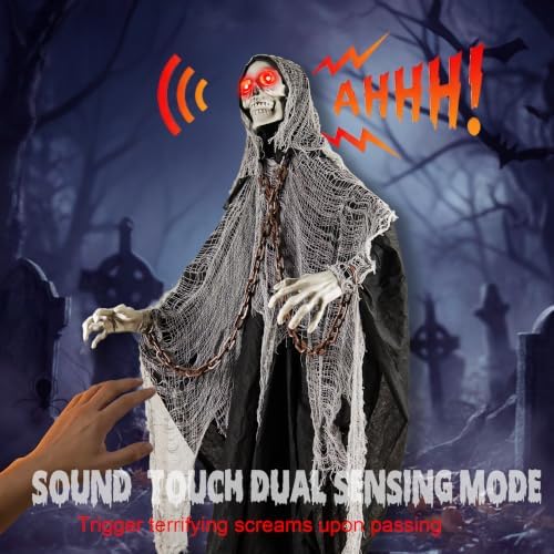 halloween skeleton with led red glowing eyes, sound, side view