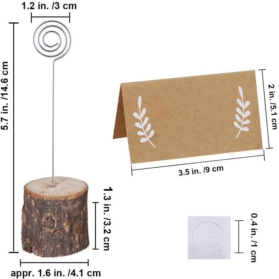 30 Pcs Rustic Wood Place Card Holders with Swirl Wire Wooden Bark Memo Holder Stand Card Photo Picture Note Clip Holders 5.8" and Kraft Place Cards Bulk for Wedding Party Table Number Name Sign